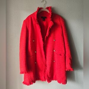 Rachel Zoe Red Fringed Tweed Style Jacket, 100% Cotton, Double Breasted, Size L